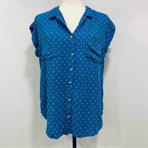 JACHS S Blue Girlfriend Short Sleeve Floral Button Up Blouse Coastal Beach Party